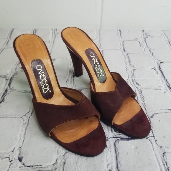 Vtg 70s wine suede gold slides disco heels - Picture 4 of 13